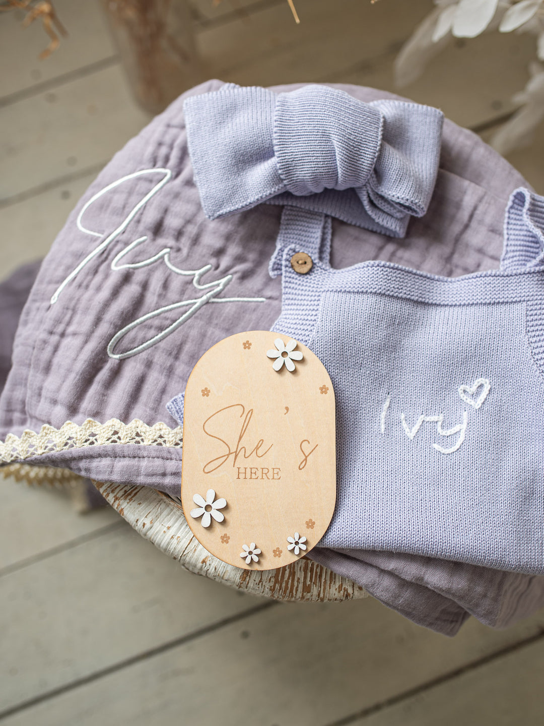 She's Here Flower Wooden Birth Announcement Plaque