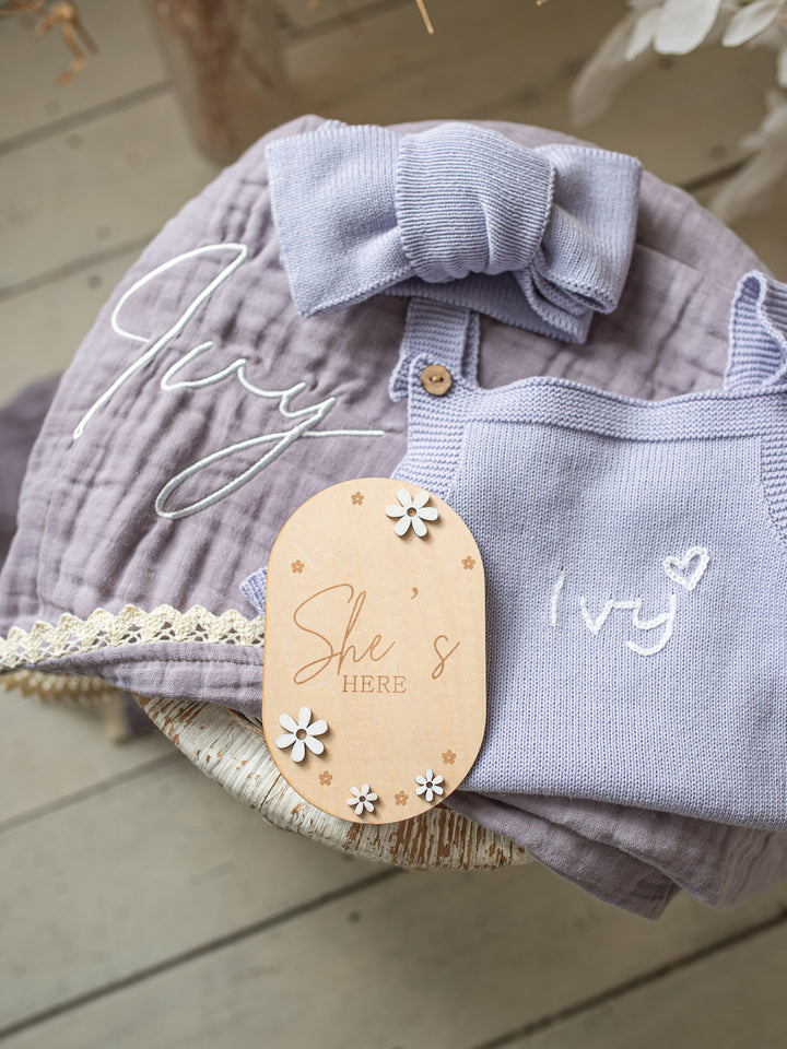 She's Here Flower Wooden Birth Announcement Plaque