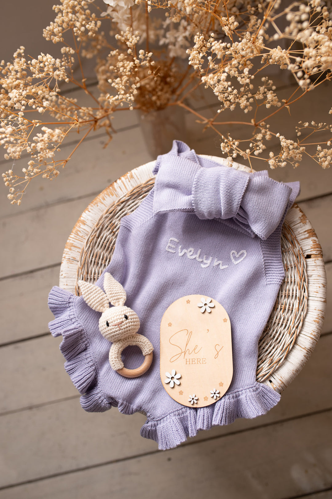 She's Here Flower Wooden Birth Announcement Plaque