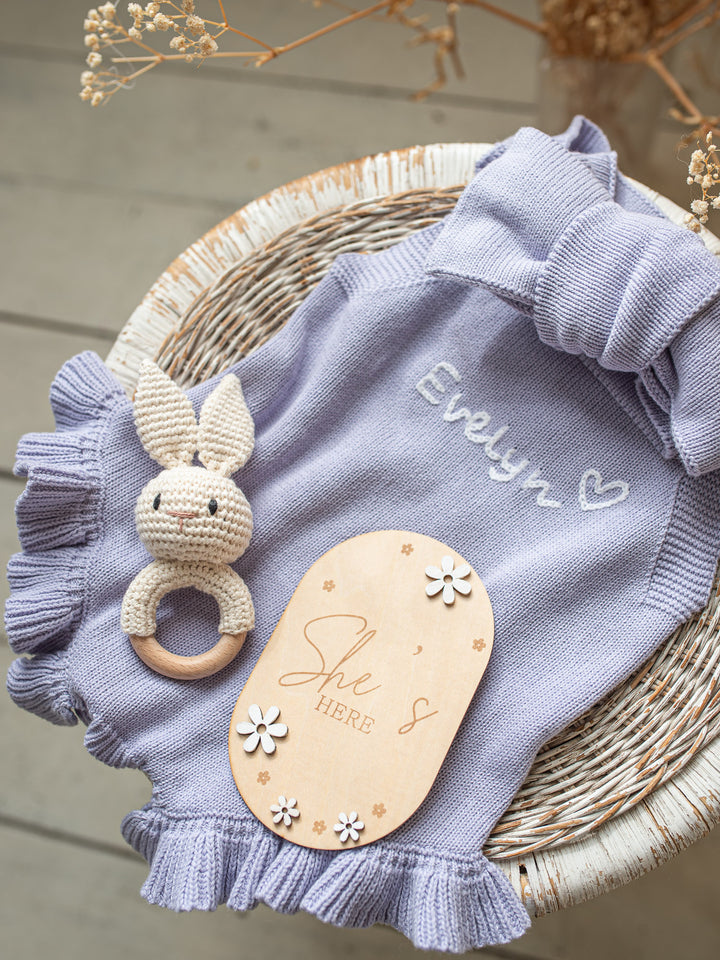 She's Here Flower Wooden Birth Announcement Plaque