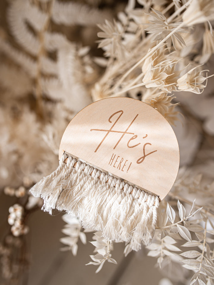 She's / He's Here Wooden Birth Announcement Plaque