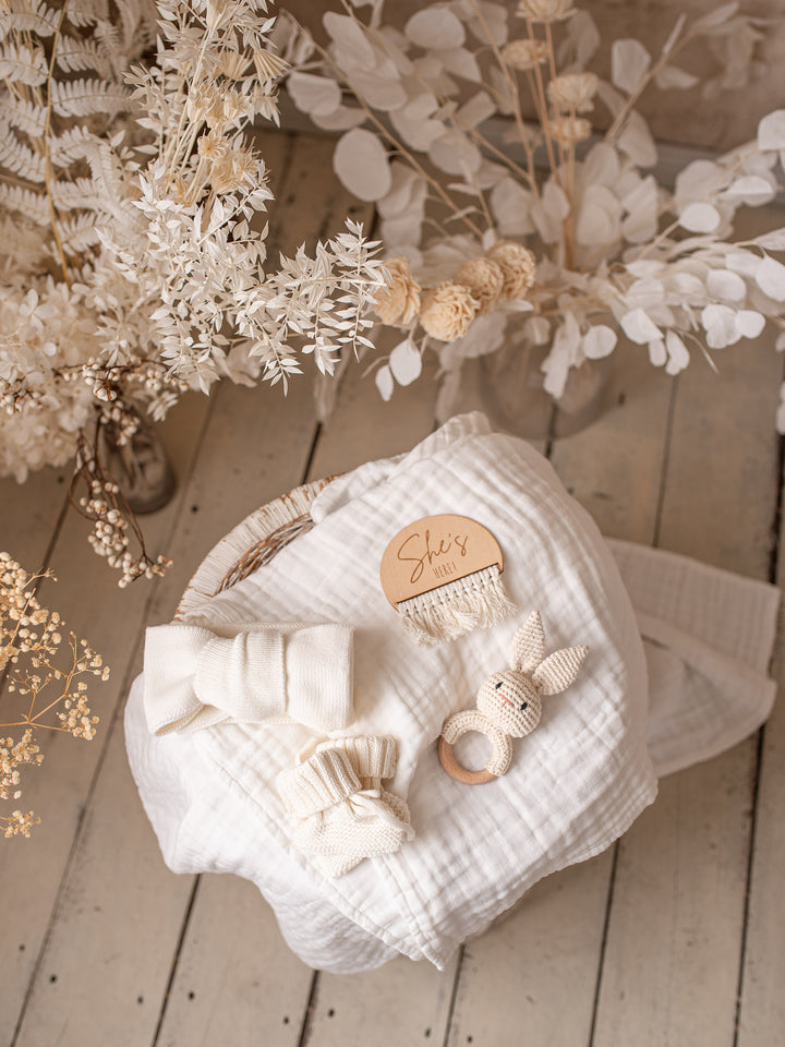 She's / He's Here Wooden Birth Announcement Plaque