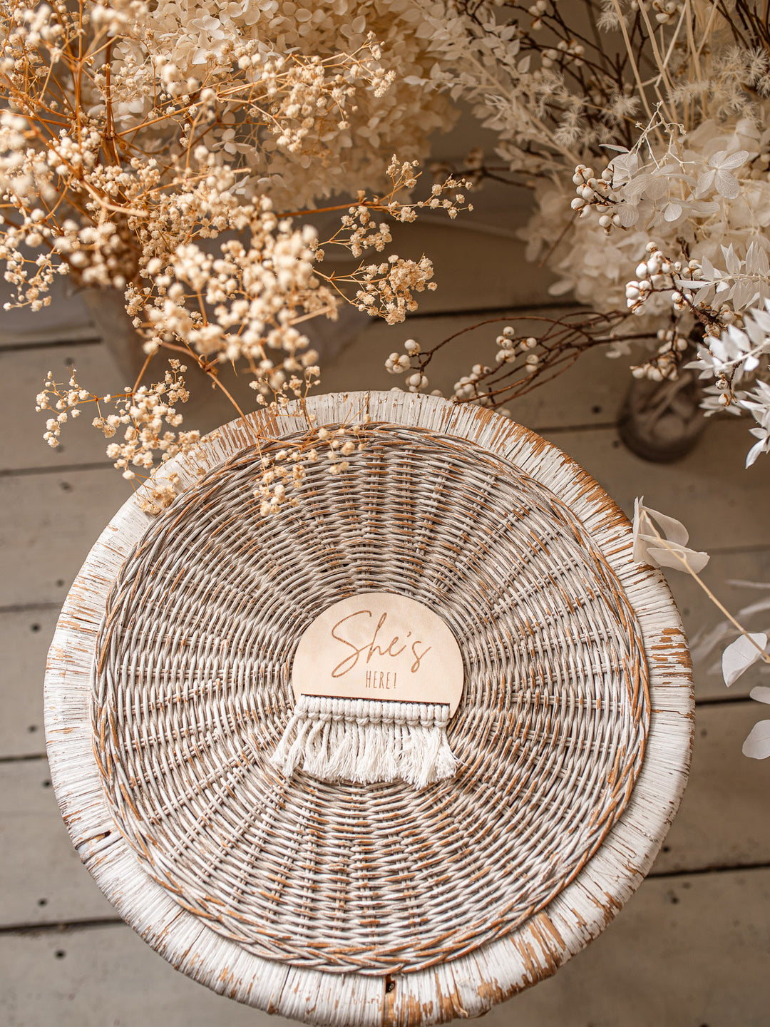 She's / He's Here Wooden Birth Announcement Plaque