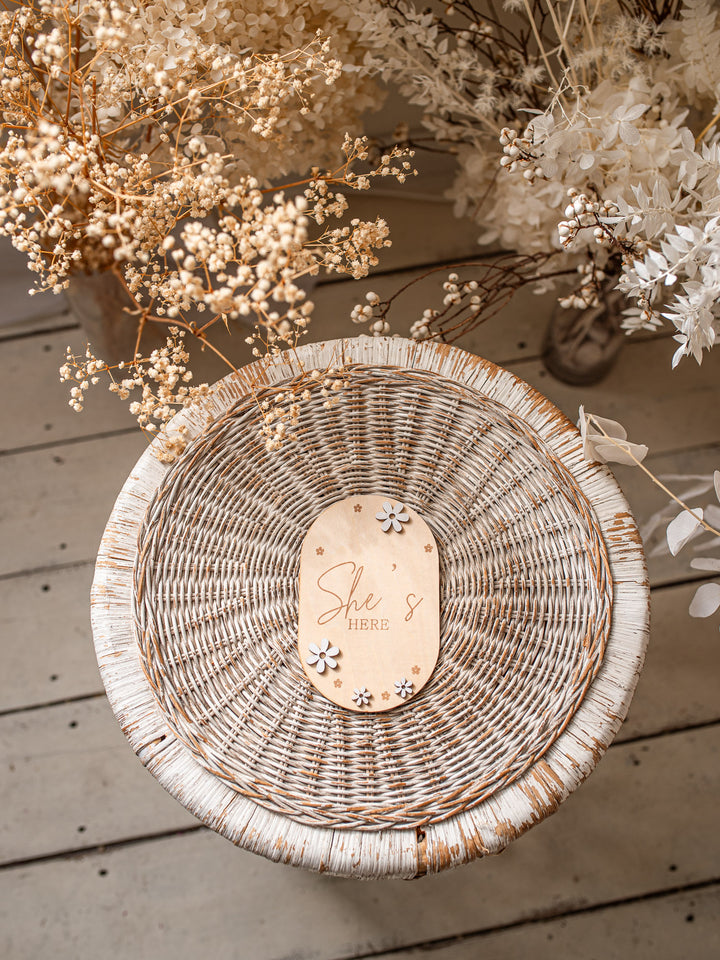 She's Here Flower Wooden Birth Announcement Plaque