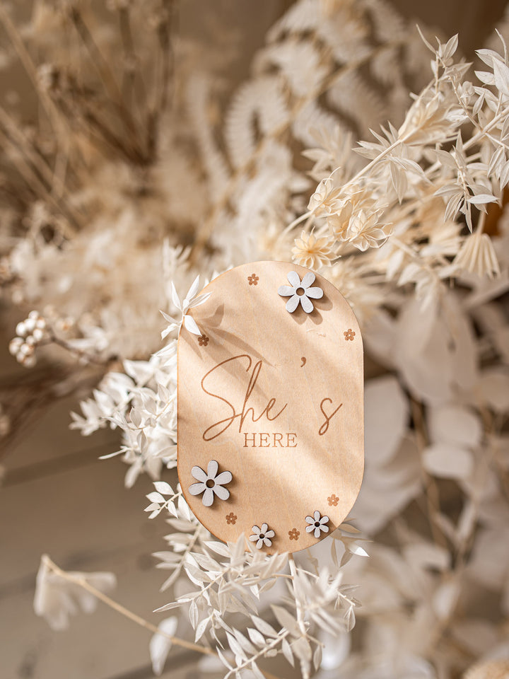 She's Here Flower Wooden Birth Announcement Plaque