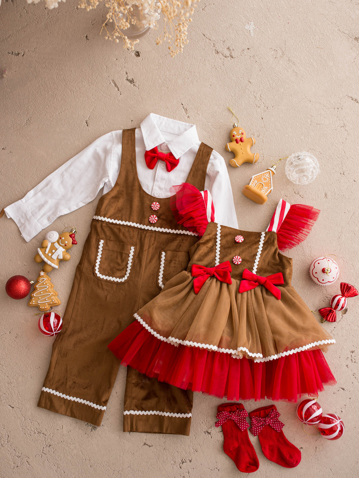 Christmas Family Matching, gingerbread boy overall beside the matching gingerbread dress - Before & Ever Kids