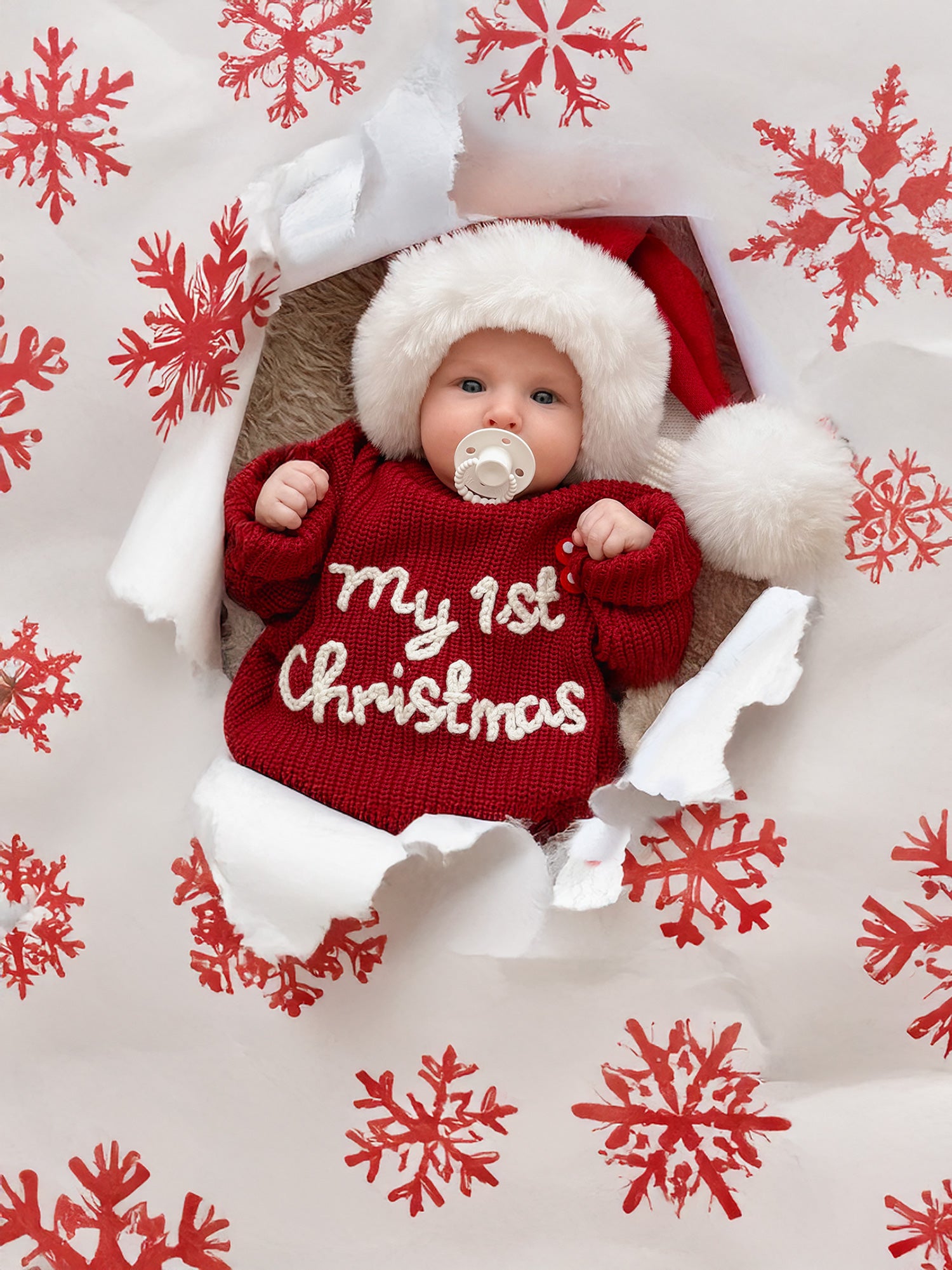 Handmade Baby Christmas Knit Sweater, Cotton Infant Jumper - Red