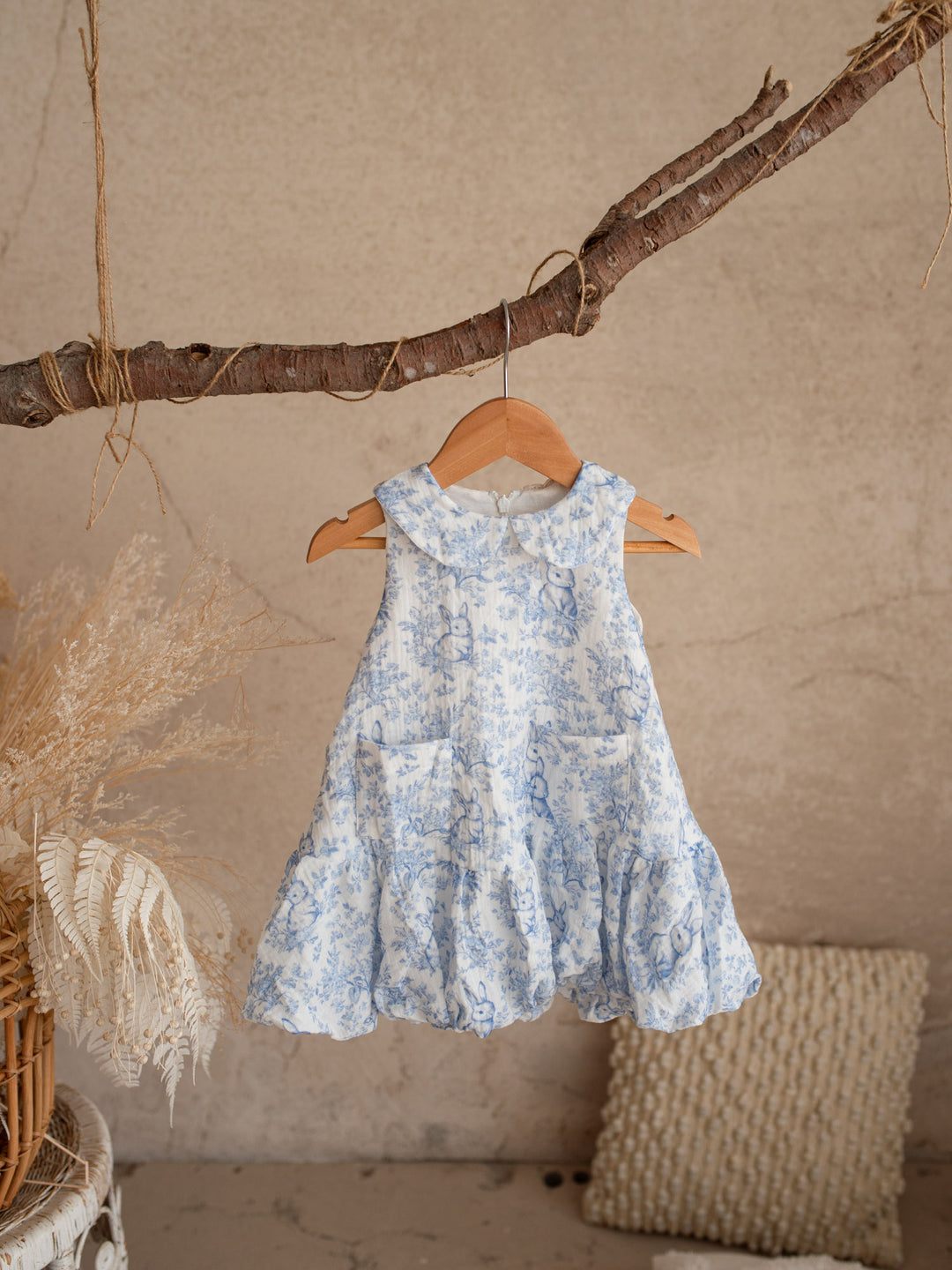 blue bunny dress Petal Collar Smocked Dress- Blue Bunny Toile
