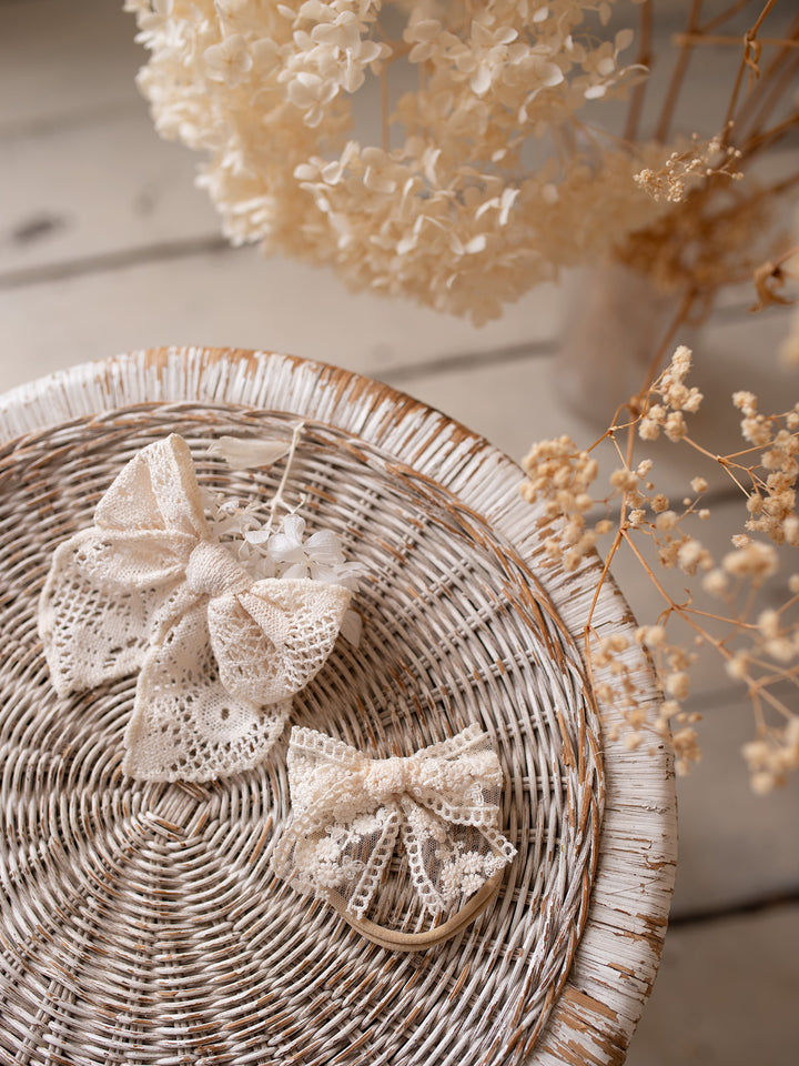 Off white lace Adella hair clip and headband set, vintage inspired, for baby girls