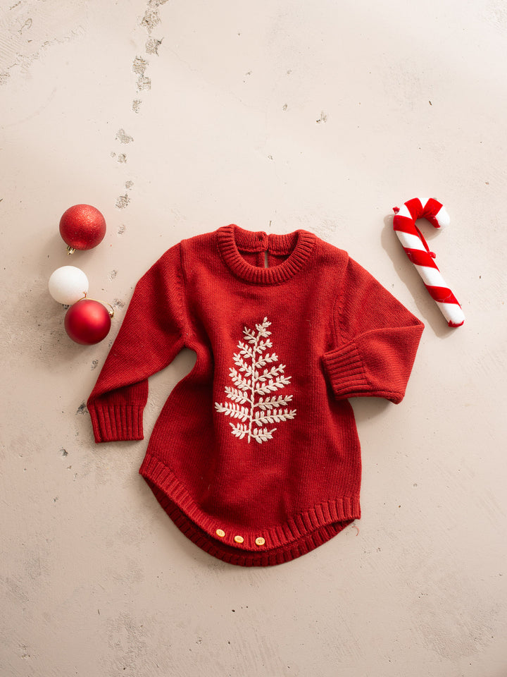 Twinkle Tree Romper - Deep Red