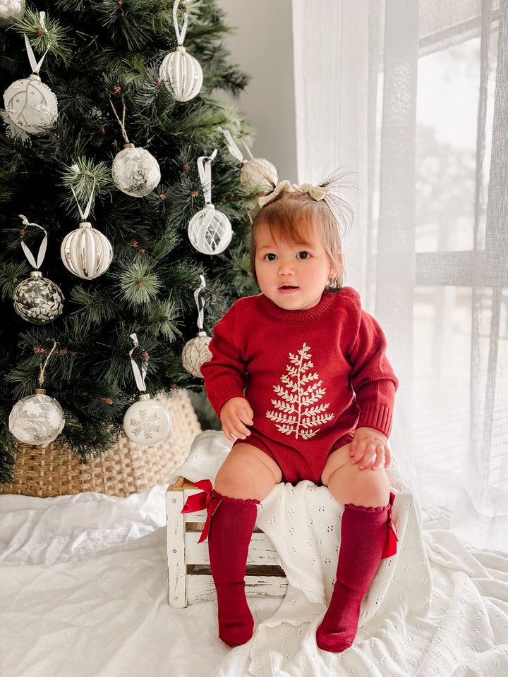 Twinkle Tree Romper - Deep Red