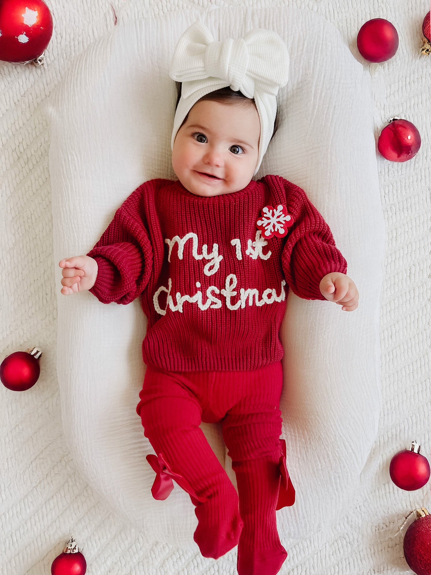 Handmade Baby Christmas Knit Sweater, Cotton Infant Jumper - Red