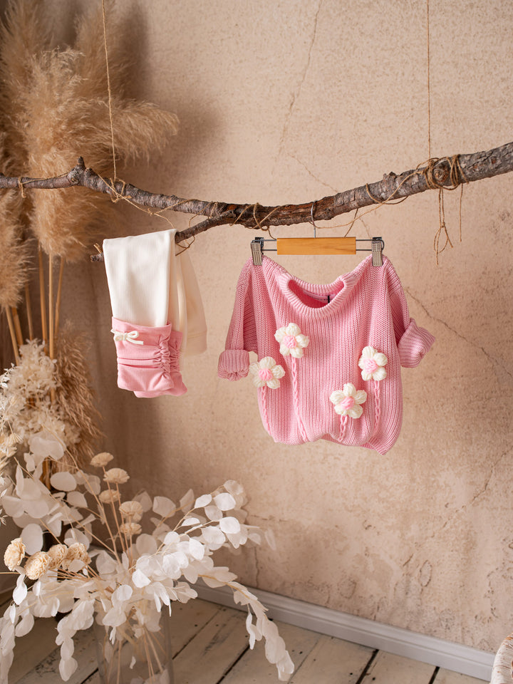 Buttercup Sweater - Baby Pink with White Flowers