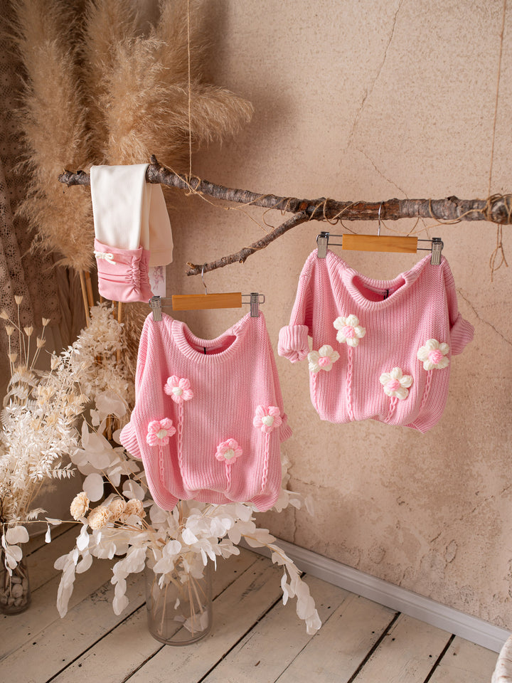 Buttercup Sweater - Baby Pink with White Flowers