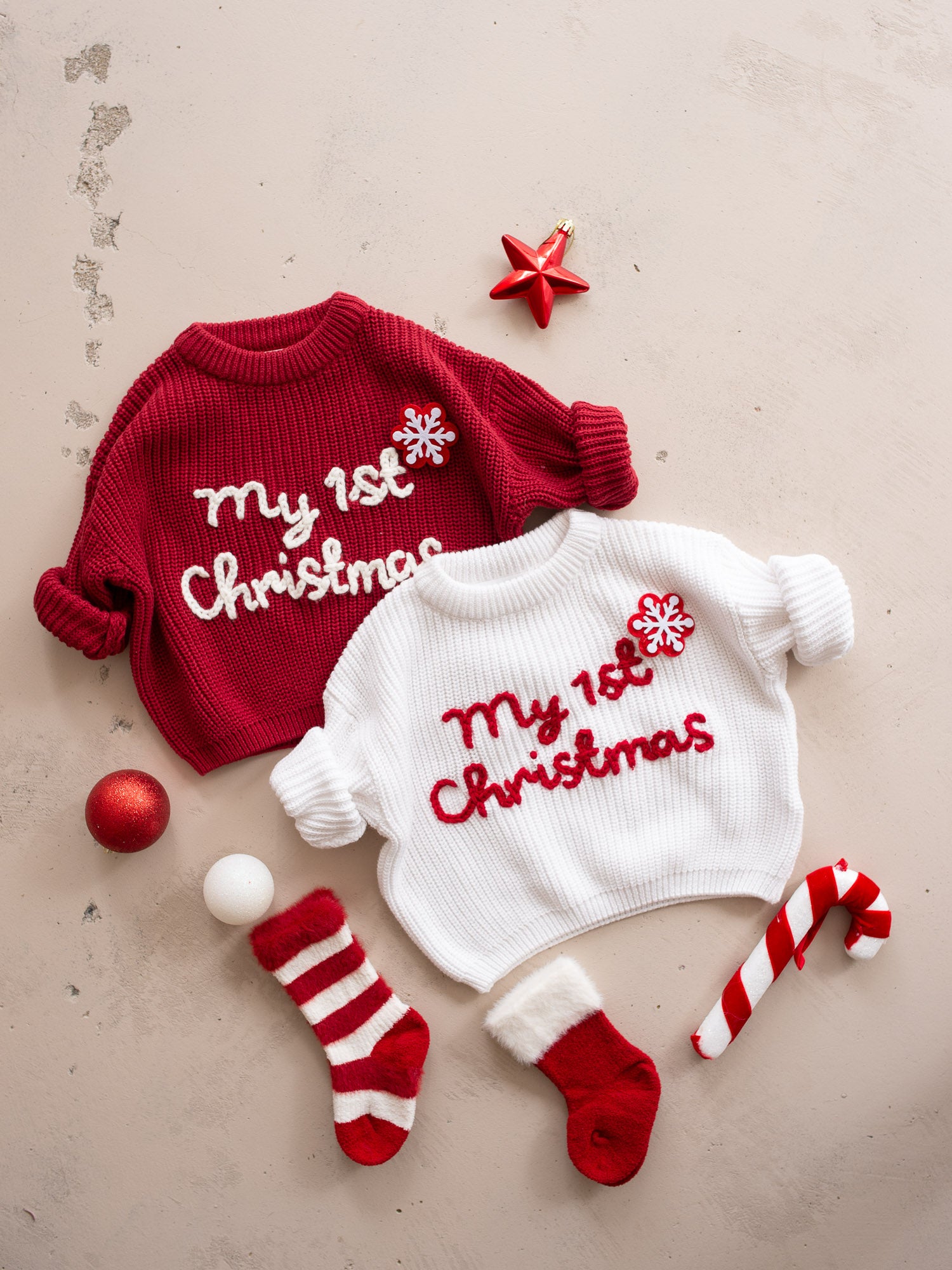 Handmade Baby Christmas Knit Sweater, Cotton Infant Jumper - Red