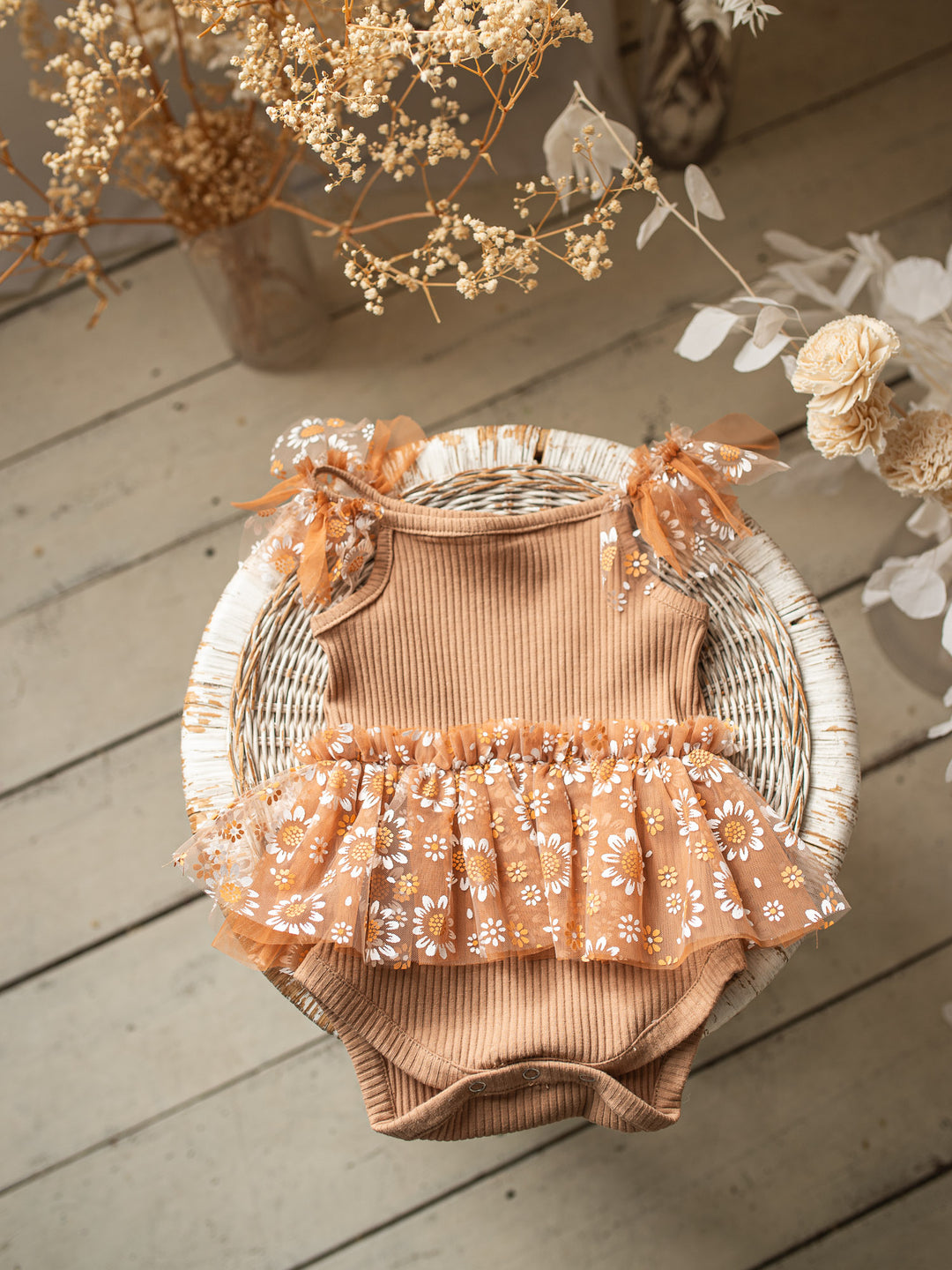 Baby Tulle Romper Bodysuit Toffee Daisy Tan – Before Ever