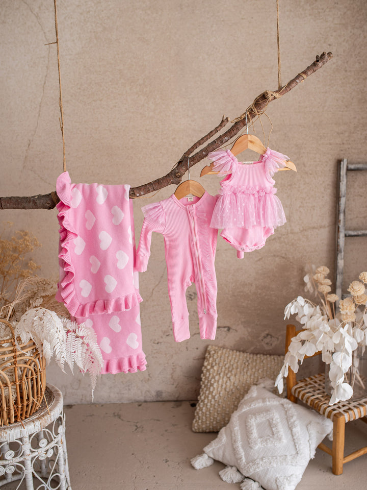 Lovebug - Frill Knitted Baby Blanket - Pink