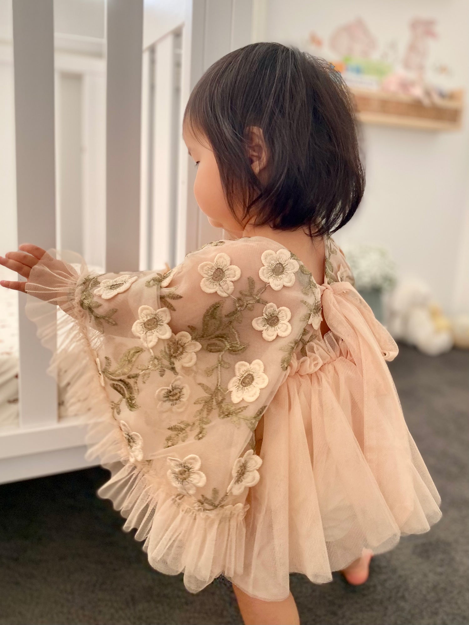 Baby Girl First Birthday Beige Floral Tulle Romper Dress, Meet Me