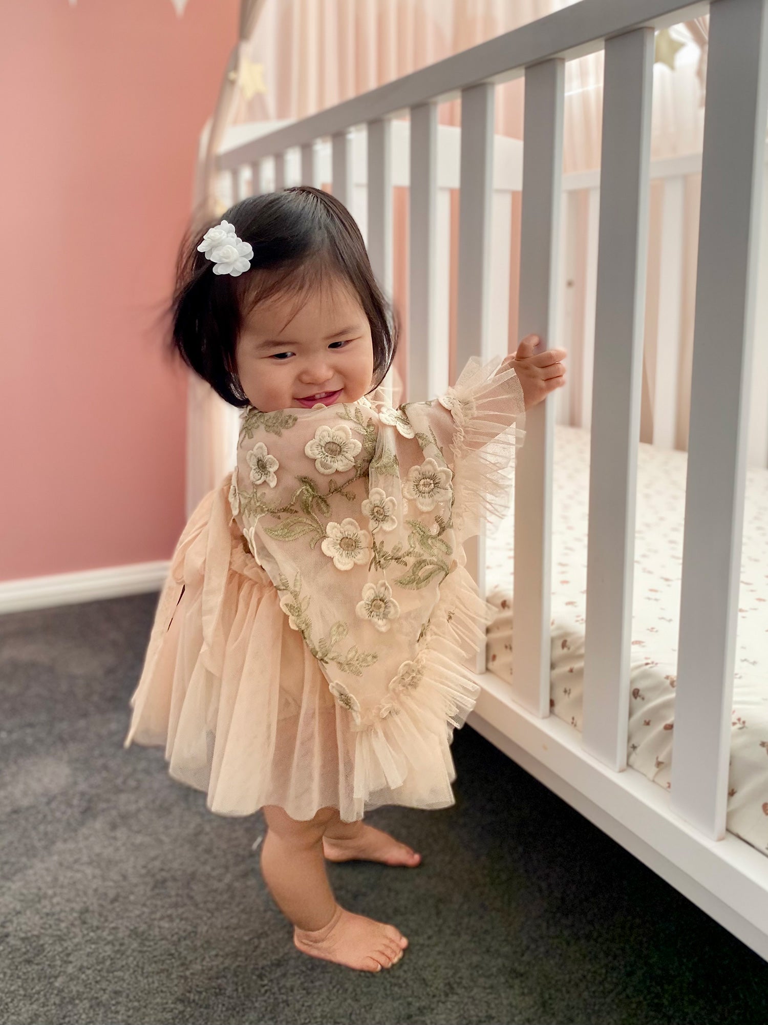 Baby Girl First Birthday Beige Floral Tulle Romper Dress, Meet Me