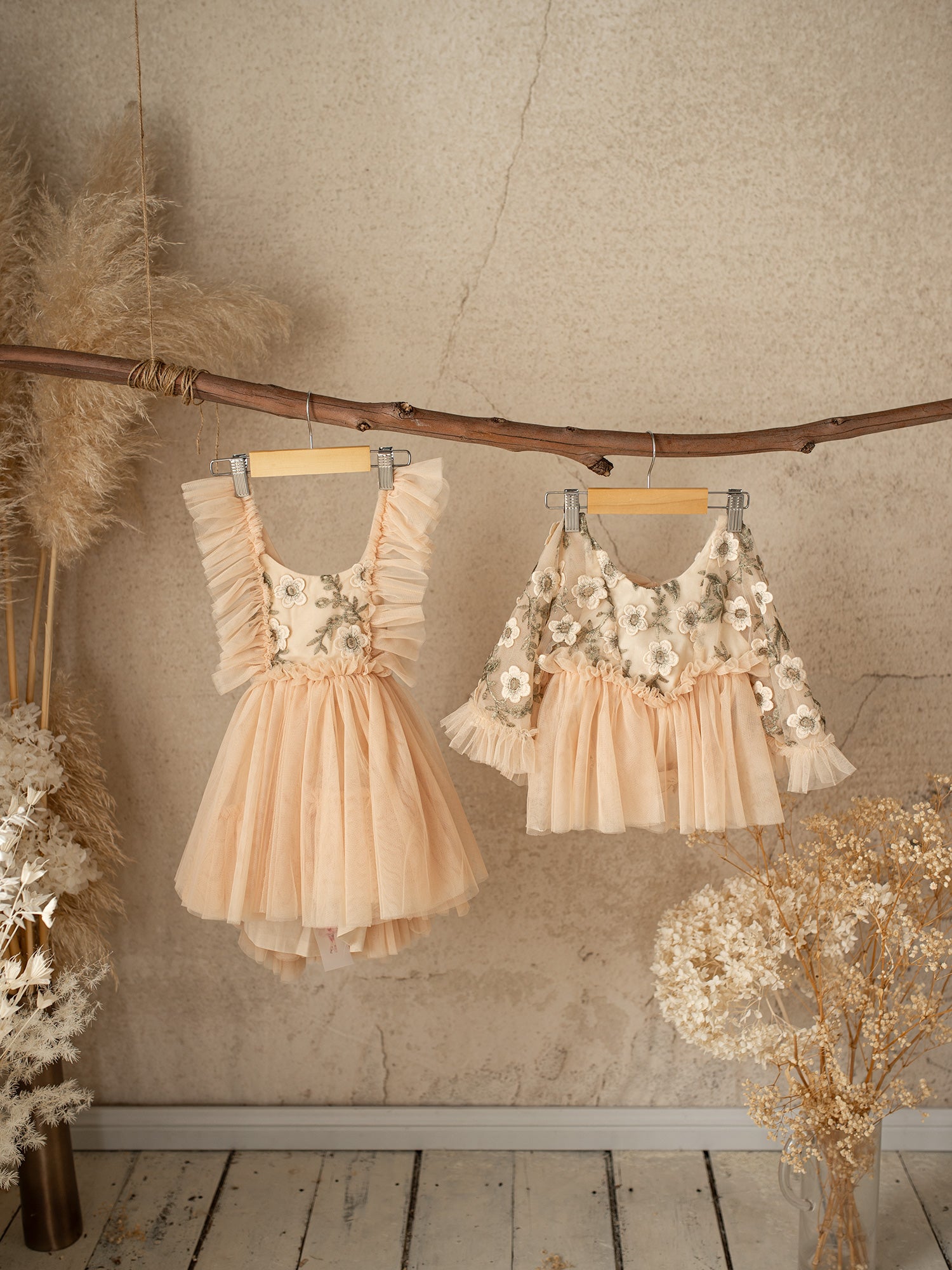 Baby Girl First Birthday Beige Floral Tulle Romper Dress, Meet Me