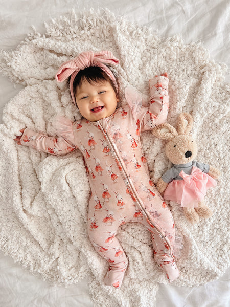 Baby Onesie - One piece PJs - Easter Bunny Zip Romper - Pink