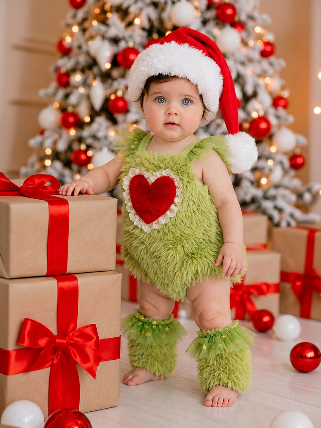 Baby standing beside wrapped presents in the Little Grump green faux-fur romper with a red fur heart, matching leg warmers and a Santa hat - Before & Ever Kids