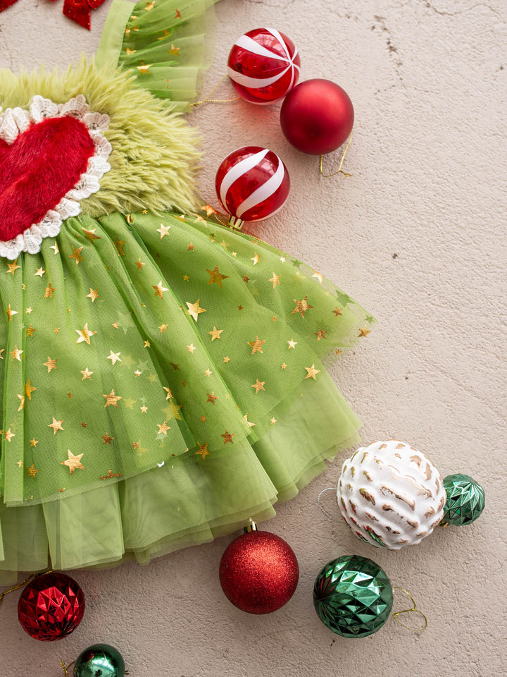 Gold star tulle skirt of the Miss Grump Christmas dress with red and green baubles - Before & Ever Kids