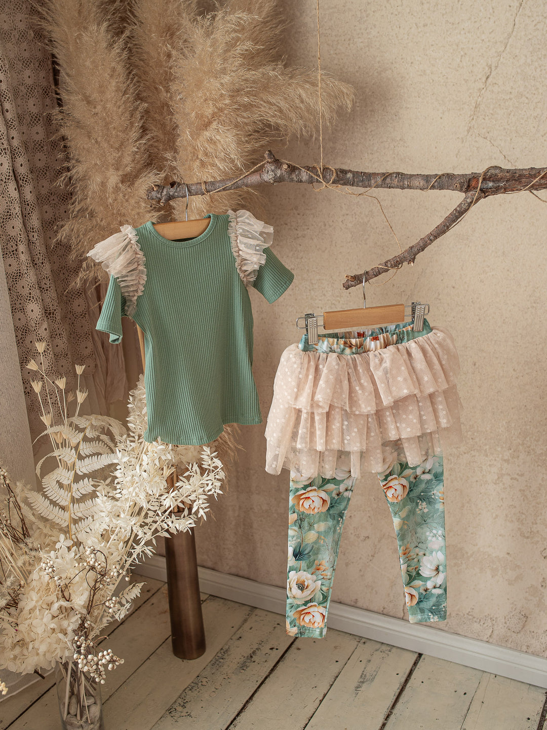 Flower Story Tutu Skirt Leggings - Sage