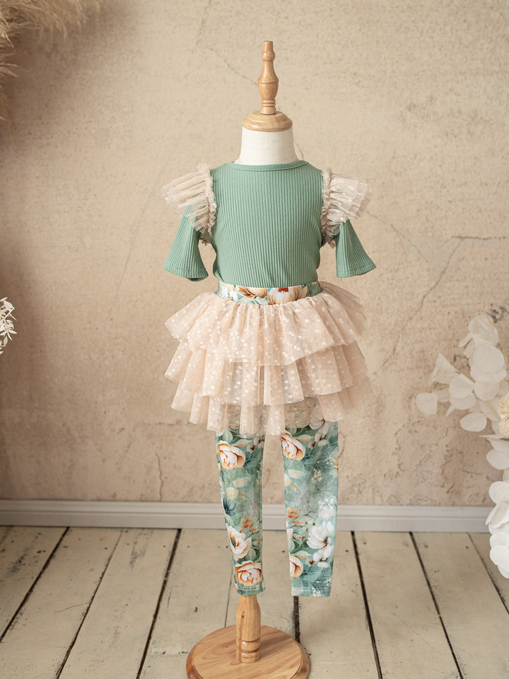 Flower Story Tutu Skirt Leggings - Sage