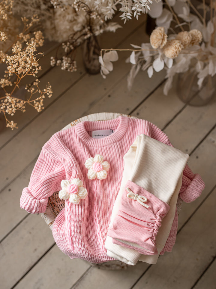 Buttercup Sweater - Baby Pink with White Flowers