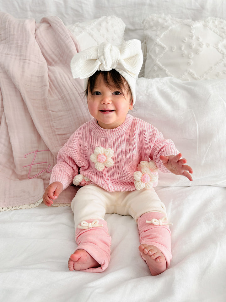 Buttercup Sweater - Baby Pink with White Flowers