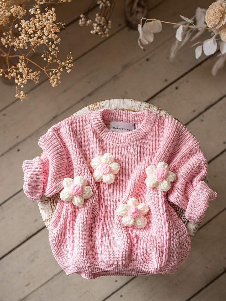 Buttercup Sweater - Baby Pink with White Flowers