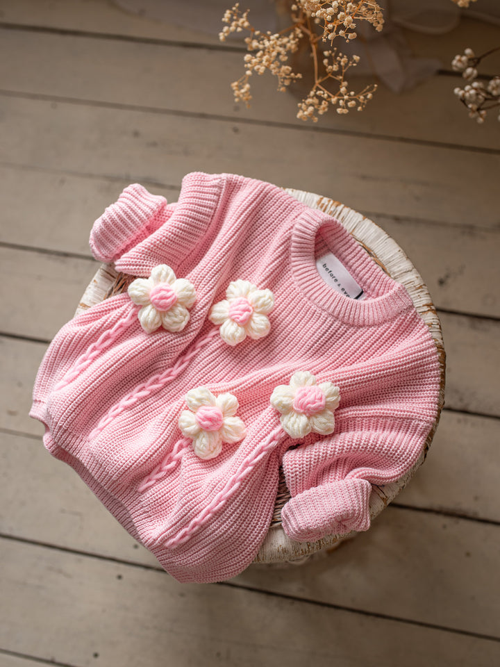 Buttercup Sweater - Baby Pink with White Flowers