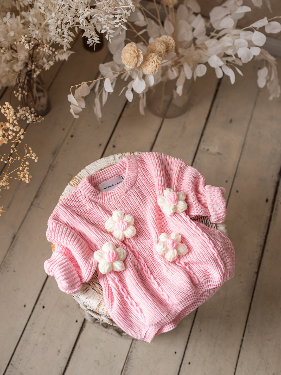 Buttercup Sweater - Baby Pink with White Flowers