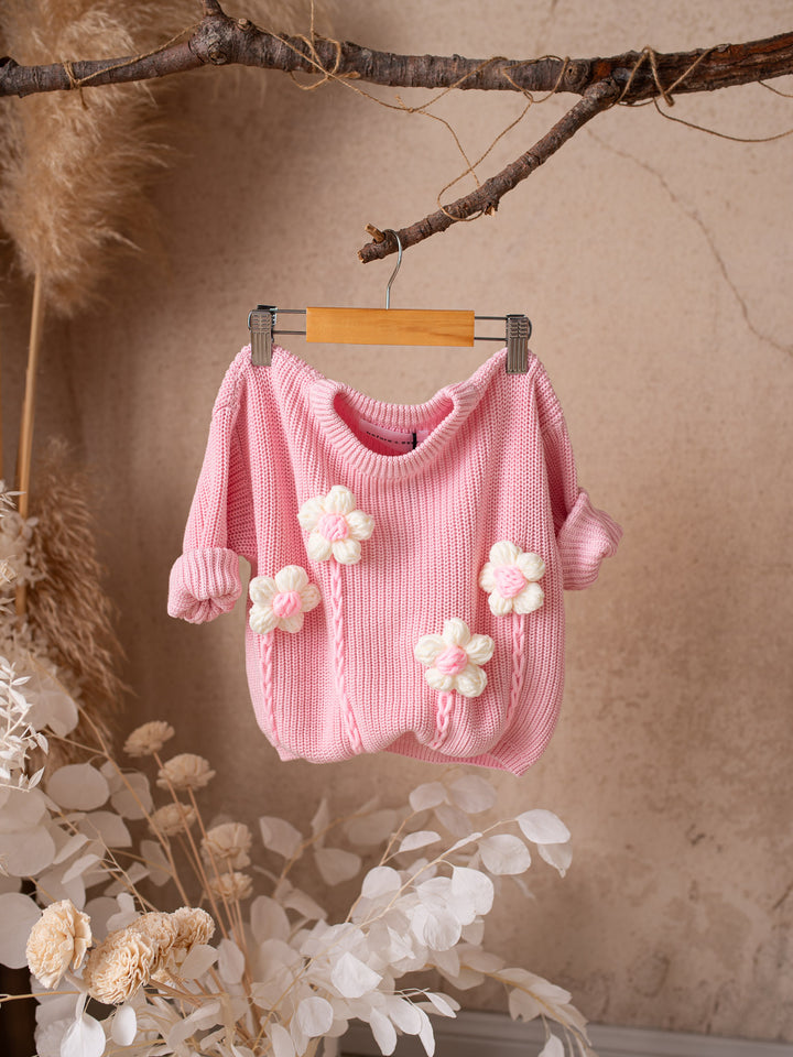 Buttercup Sweater - Baby Pink with White Flowers