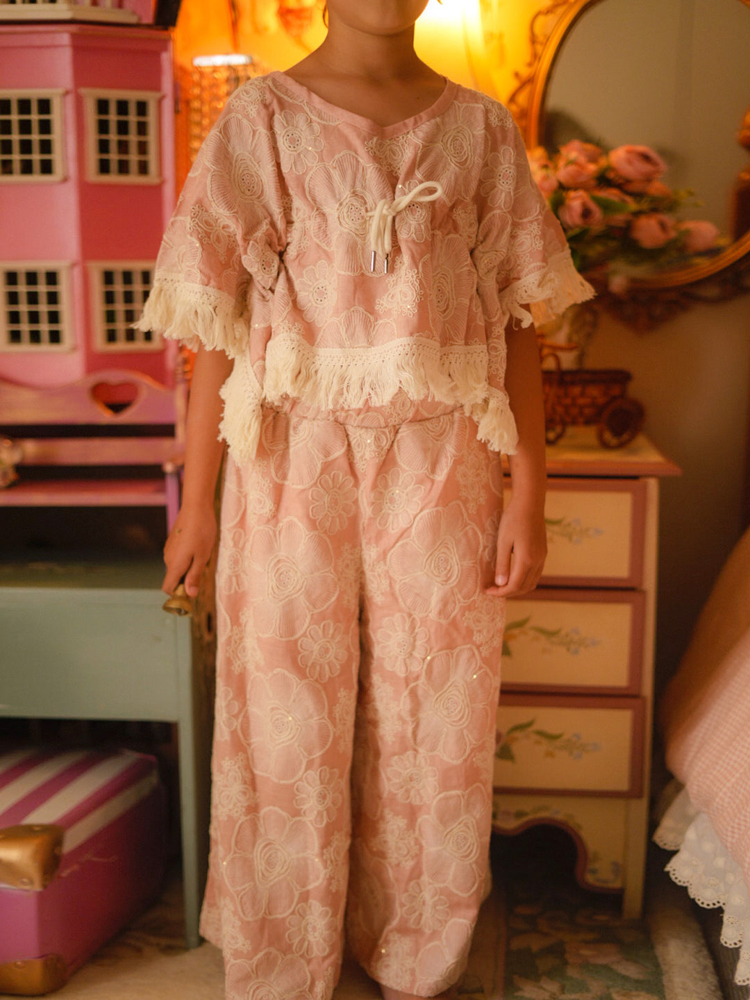 Lace Story Fringe Top - Blush