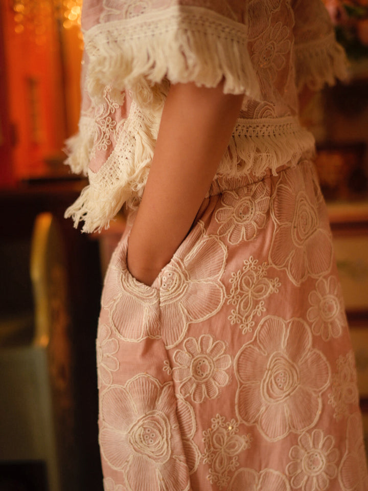 Lace Story Fringe Top - Blush