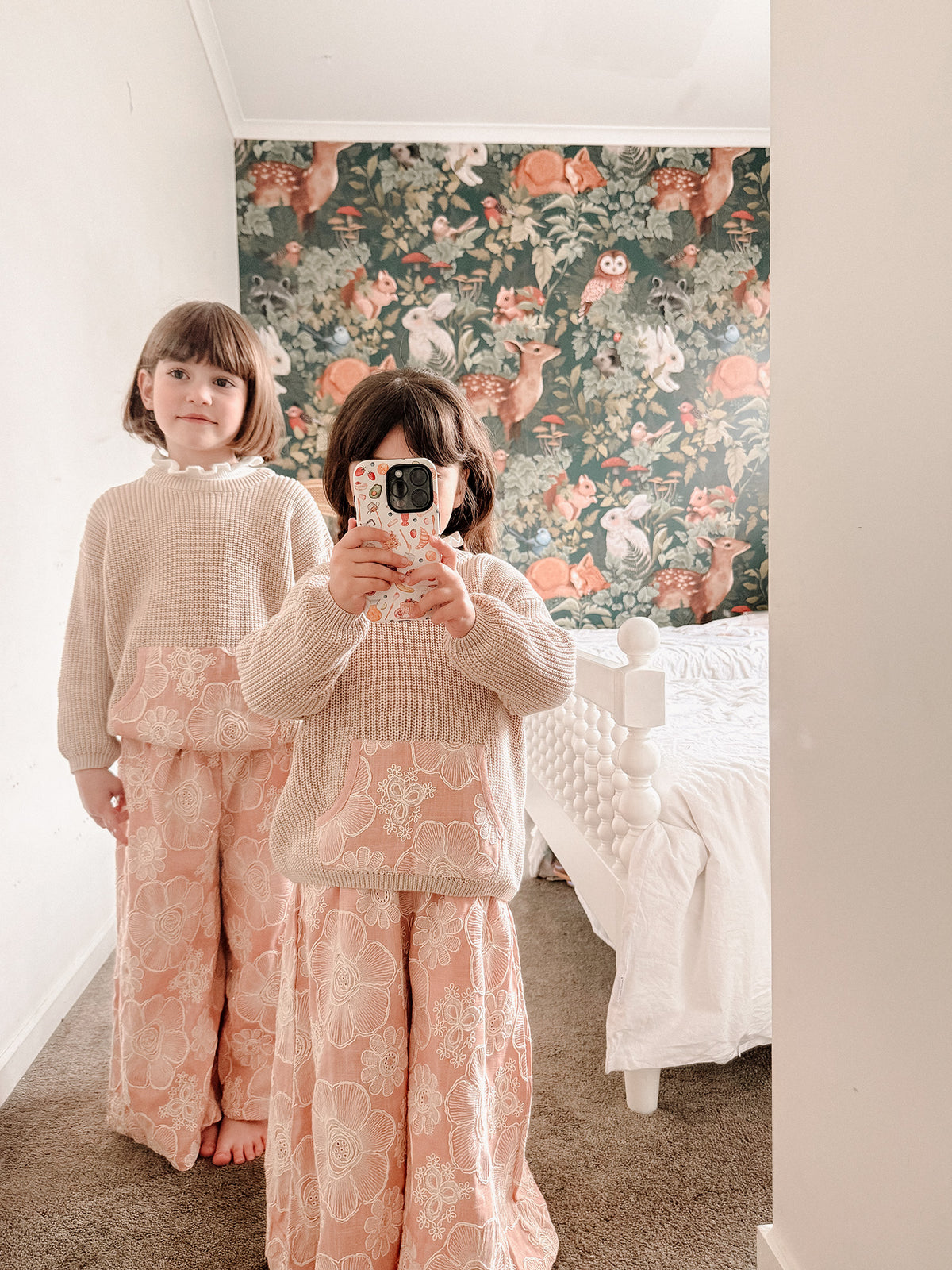 Oatmeal Lace Story girls cotton knit sweater with floral embroidered pocket