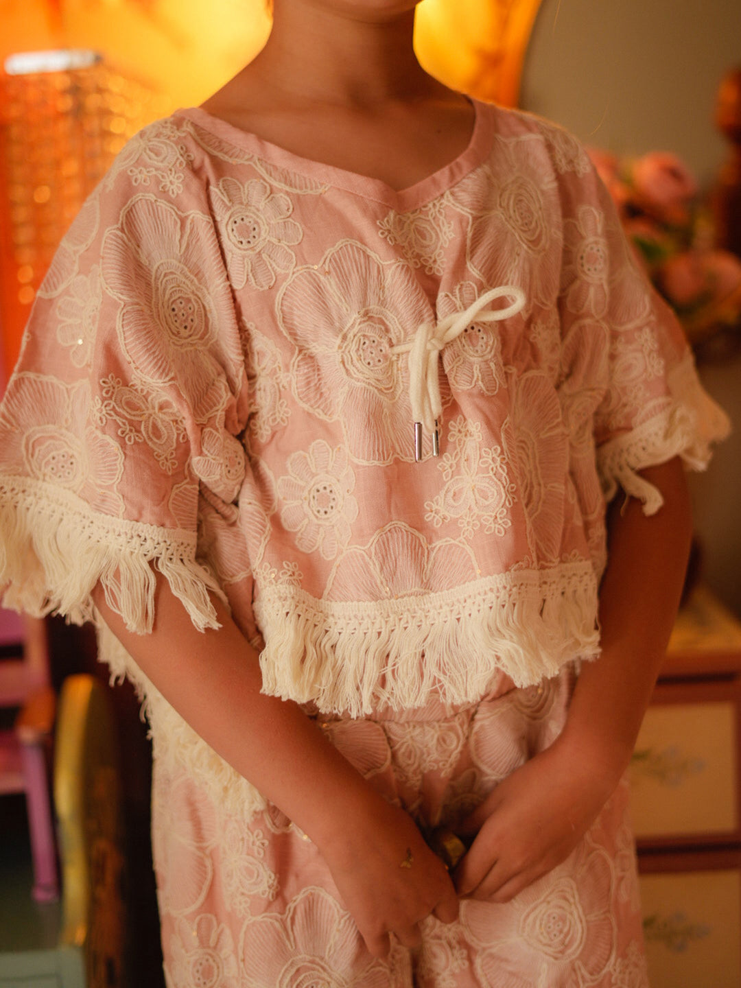 Lace Story Fringe Top - Blush