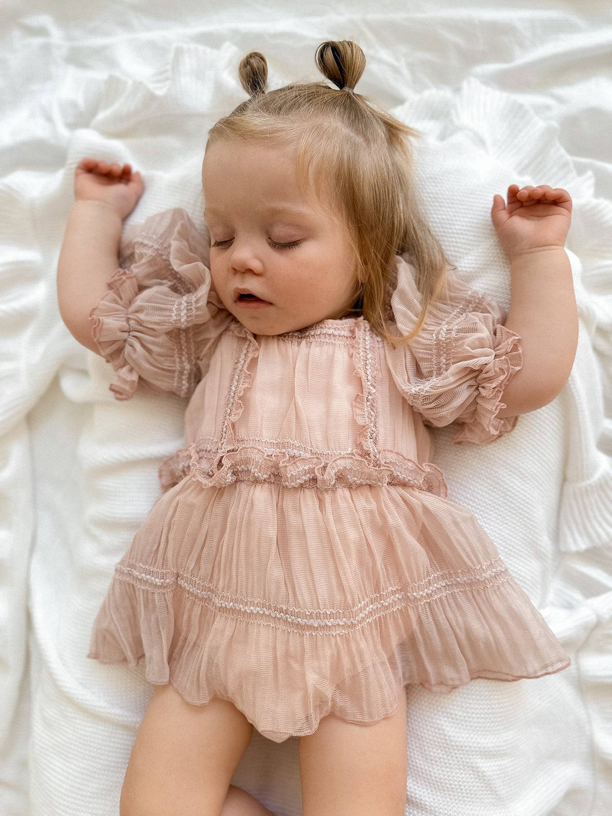 Dusty pink boho romper dress, square neck, puff sleeves, solid pleated chiffon, lace trim ruffle tiers, above knee length, for birthday and flower girl.