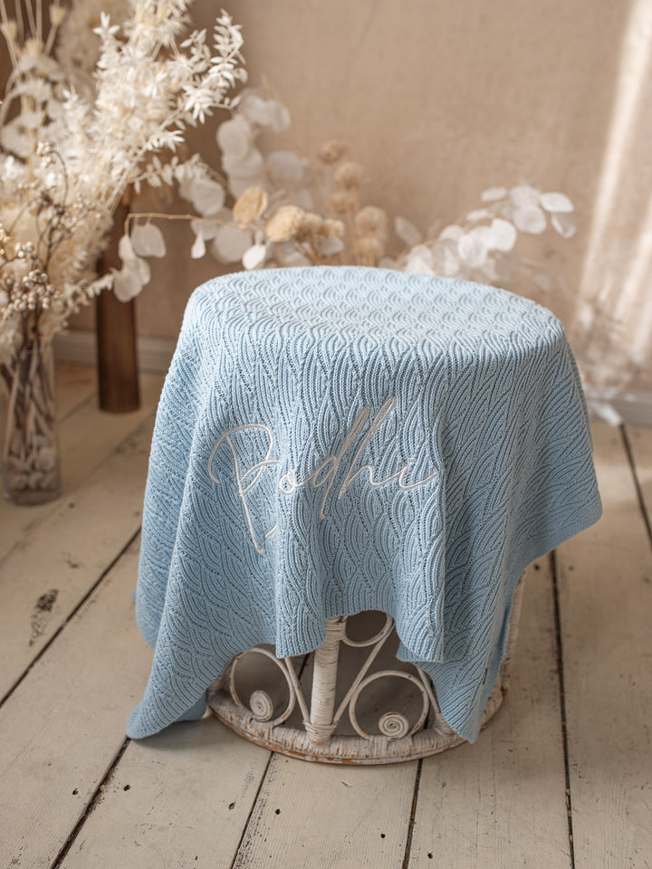 Snuggle Me - Personalised Knitted Baby Blanket - Baby Blue