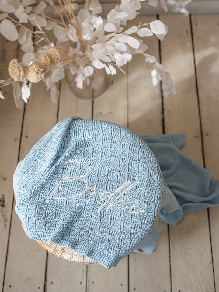 Snuggle Me - Personalised Knitted Baby Blanket - Baby Blue