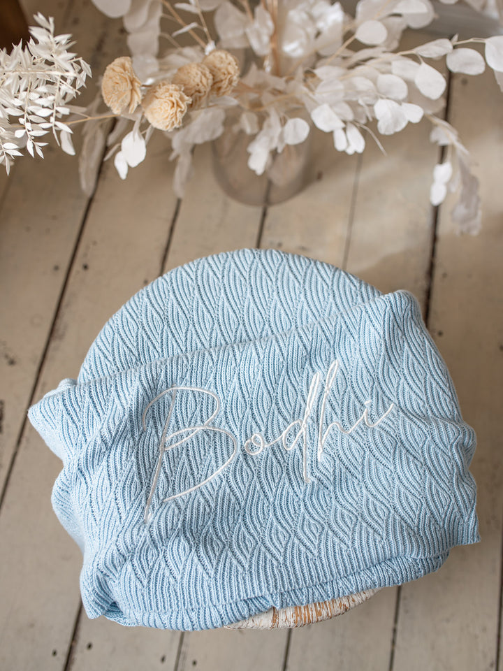 Snuggle Me - Personalised Knitted Baby Blanket - Baby Blue