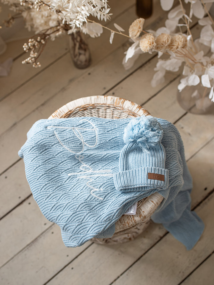 Snuggle Me - Personalised Knitted Baby Blanket - Baby Blue