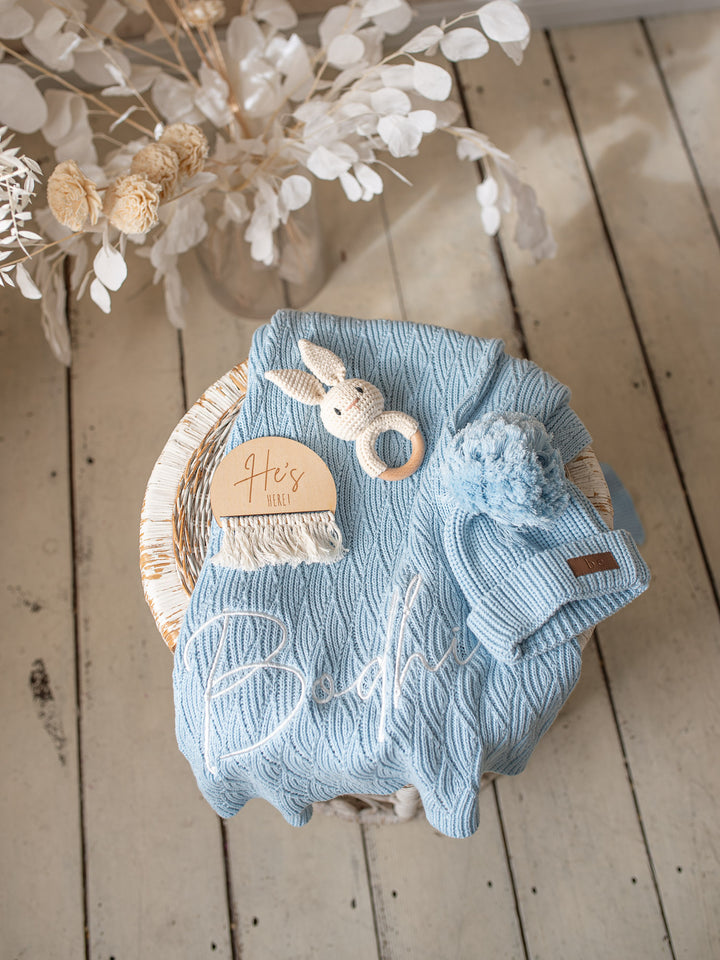 Snuggle Me - Personalised Knitted Baby Blanket - Baby Blue