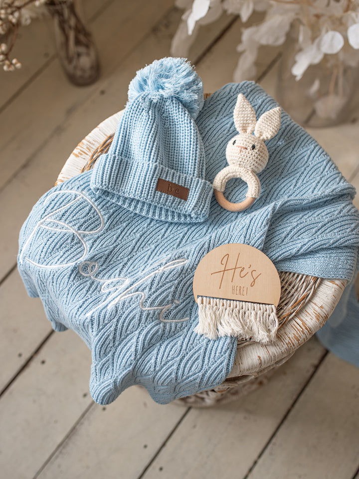 Snuggle Me - Personalised Knitted Baby Blanket - Baby Blue