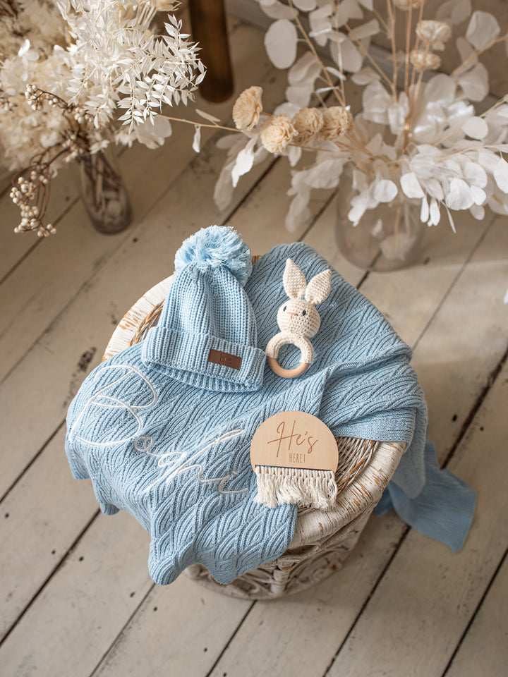 Snuggle Me - Personalised Knitted Baby Blanket - Baby Blue