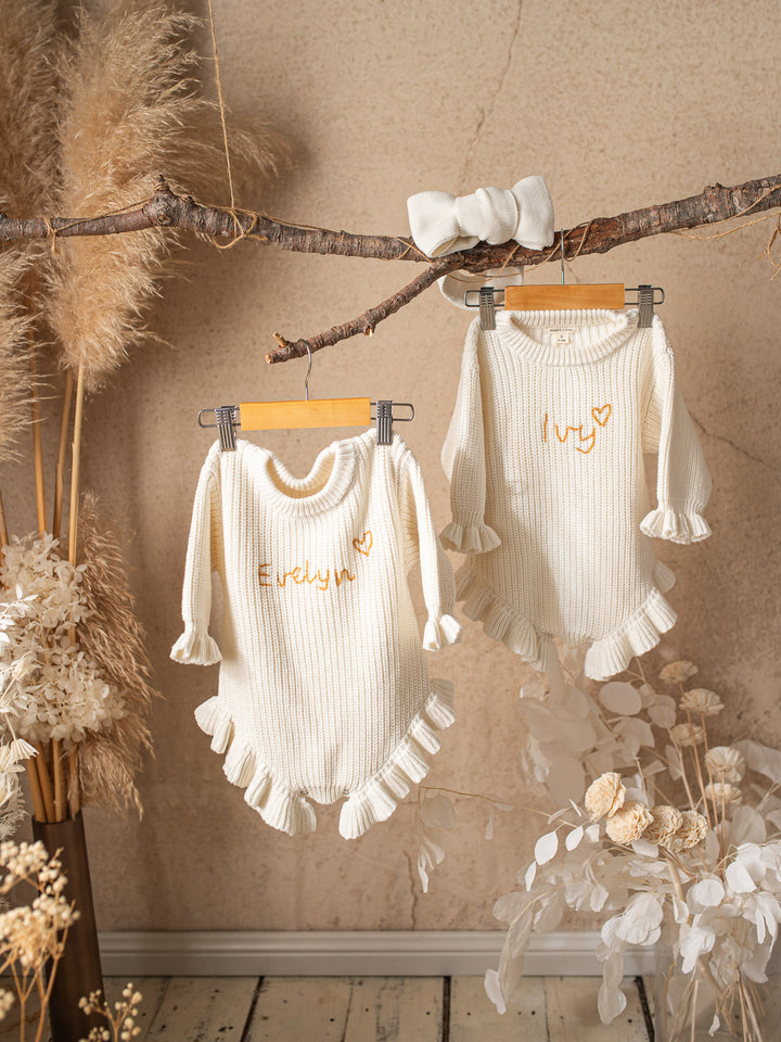 Written in Thread Long Sleeve Frill Romper - Milk