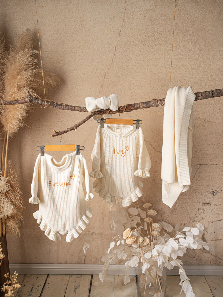 Written in Thread Long Sleeve Frill Romper - Milk