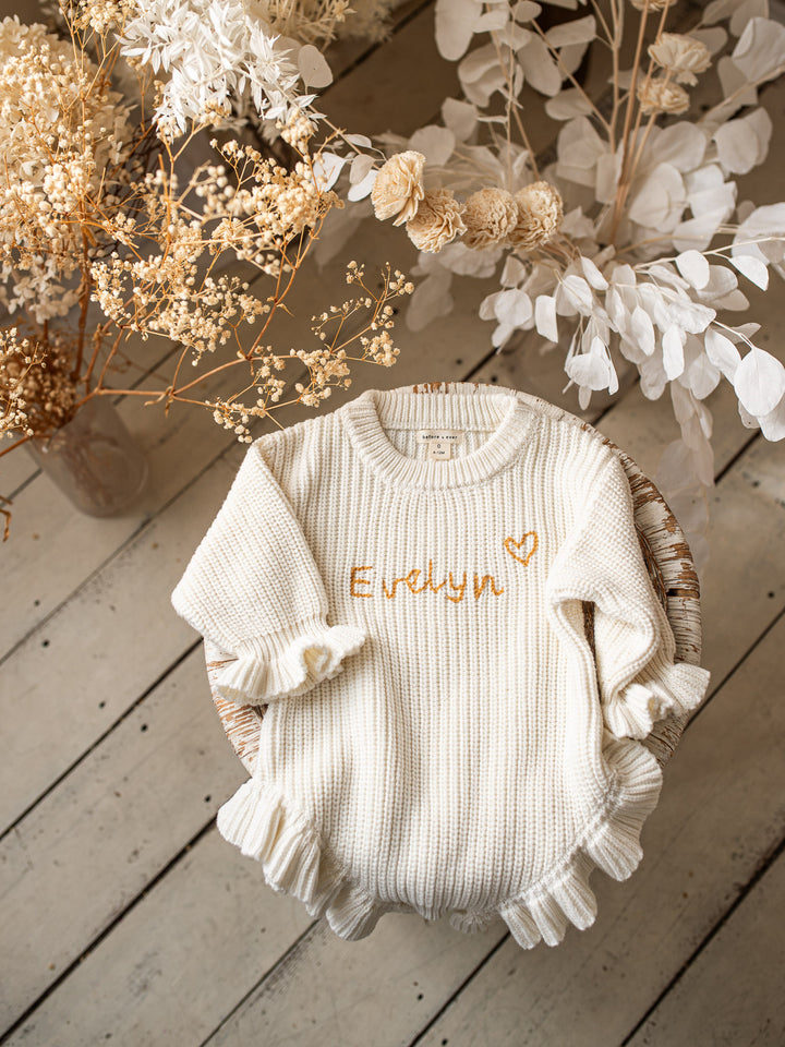 Written in Thread Long Sleeve Frill Romper - Milk